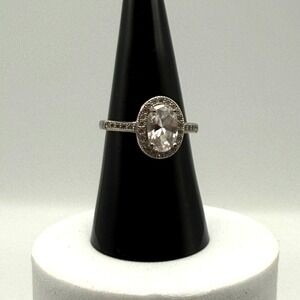 IBB CN Oval Halo Ring Silver Tone Clear Stone Pavé Band Size 7
